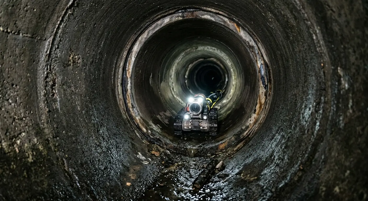 Robotic sewer camera inspecting pipe interior for Sewer Line Cleaning in Derby