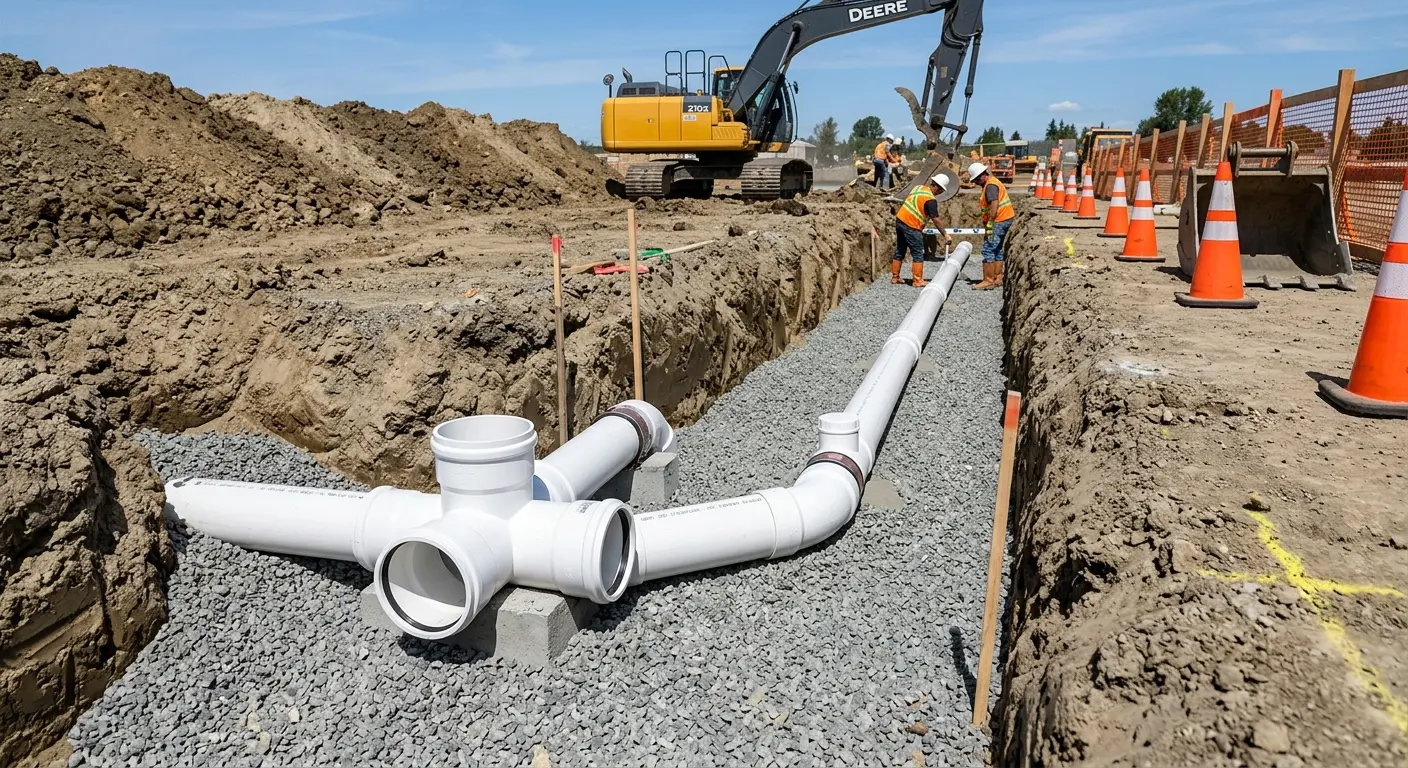 New PVC sewer pipe installation in open trench for Commercial Drain Cleaning in Derby
