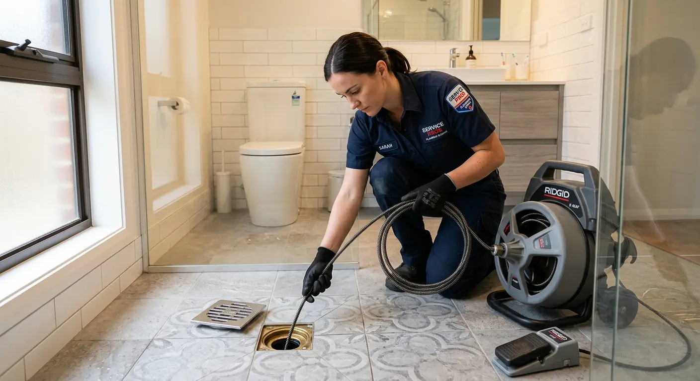 Technician clearing a bathroom floor drain for Clogged Drain Repair in Derby